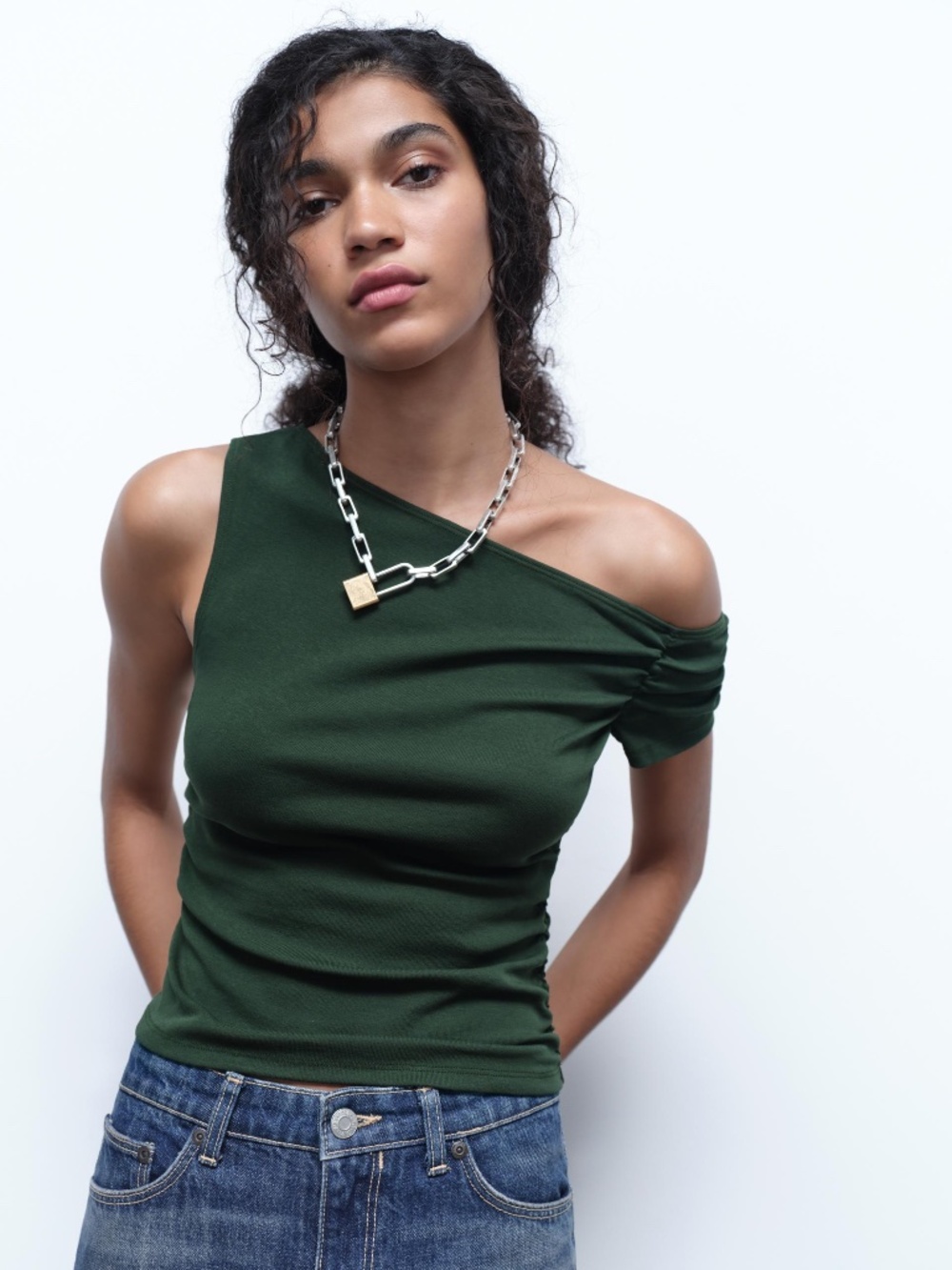 ZARA ASYMMETRICAL RUCHED TOP DARK GREEN